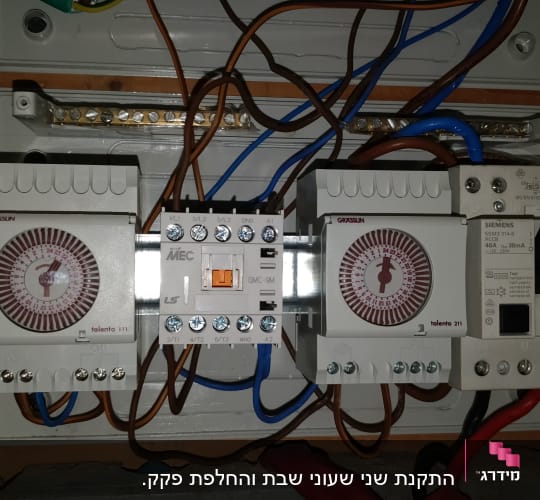 לוח חשמל עם טיימרים, חוטים ומפסקי חשמל